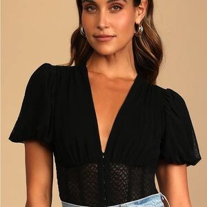 Lulu's Black Lace Puff Sleeve Blouse